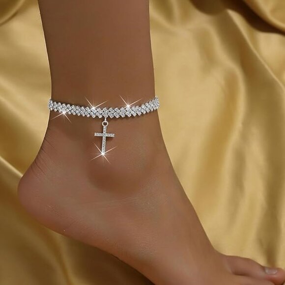 Cross Anklets - Silver Waterproof Diamond Rhinestone for Women - Picture 4 of 7